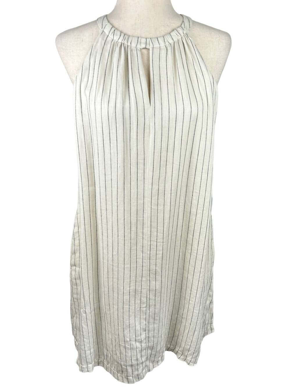 Lush Halter Neck Linen Blend Cream and Black Stripe Sheath Dress Size M